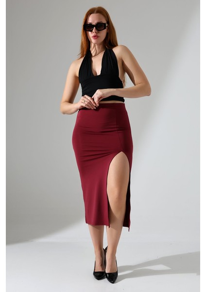 Kadın Önden Yırtmaçlı Etek Likralı Midi Boy / Women's Midi Length Skırt Wıth Front Slıt Lycra indirimleri