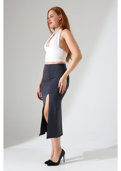 Kadın Önden Yırtmaçlı Etek Likralı Midi Boy / Women's Midi Length Skırt Wıth Front Slıt Lycra modelleri