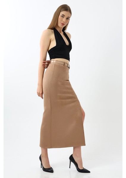 Taba Süet Etek Maxi Boy 92 cm Ön Yırtmaçlı /front Slit Maxı Long Suede Skırt