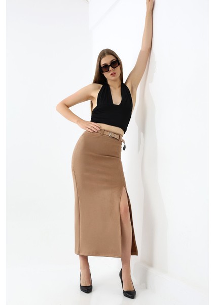 Taba Süet Etek Maxi Boy 92 cm Ön Yırtmaçlı /front Slit Maxı Long Suede Skırt