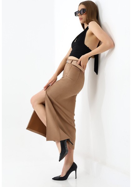 Taba Süet Etek Maxi Boy 92 cm Ön Yırtmaçlı /front Slit Maxı Long Suede Skırt
