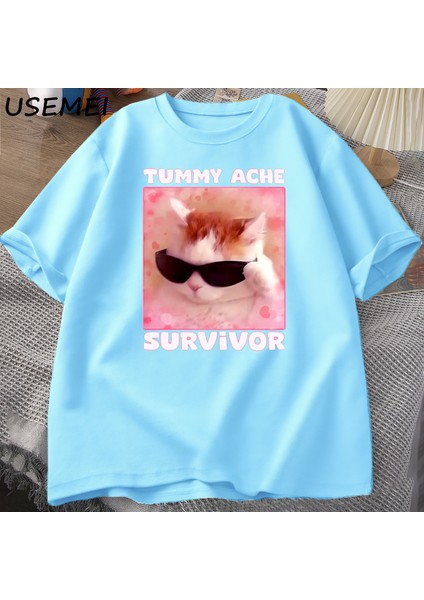 Karın Ağrısı Survivor Komik Kedi Meme T-Shirt Erkek Kadın Aptal Aptal Kedi Tee Erkek K