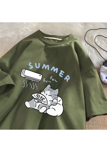 Yaz Kedi T Shirt Erkekler Kadınlar Için Amerikan Sokak Yaratıcı Komik Klima Kedi T-Shirt Pamu