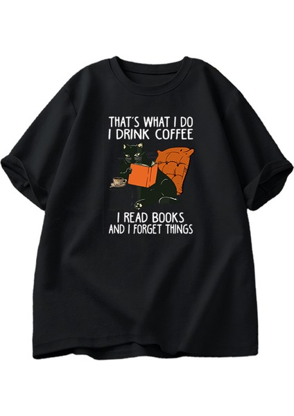 Kadınlar Için Sevimli Kedi T-Shirt Erkekler Kitaplar Kahve Kedi Baskı T-Shirt Komik Tasarımcı
