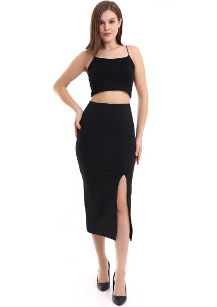 Kadın Önden Yırtmaçlı Etek Likralı Midi Boy / Women's Midi Length Skırt Wıth Front Slıt Lycra