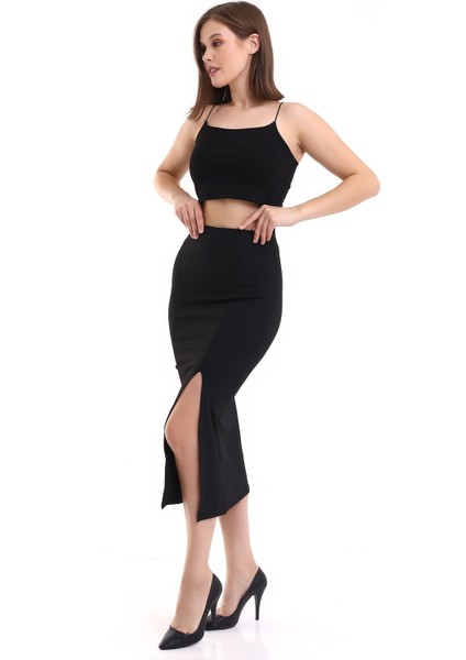 Kadın Önden Yırtmaçlı Etek Likralı Midi Boy / Women's Midi Length Skırt Wıth Front Slıt Lycra