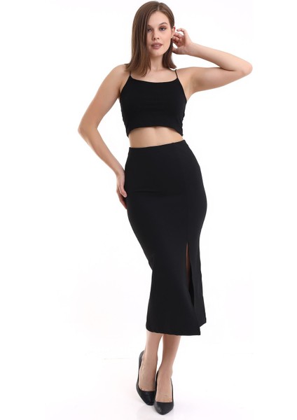 Kadın Önden Yırtmaçlı Etek Likralı Midi Boy / Women's Midi Length Skırt Wıth Front Slıt Lycra