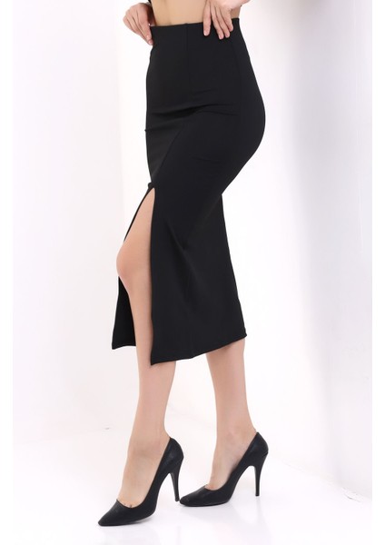 Kadın Önden Yırtmaçlı Etek Likralı Midi Boy / Women's Midi Length Skırt Wıth Front Slıt Lycra