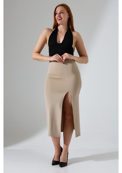 Kadın Önden Yırtmaçlı Etek Likralı Midi Boy / Women's Midi Length Skırt Wıth Front Slıt Lycra