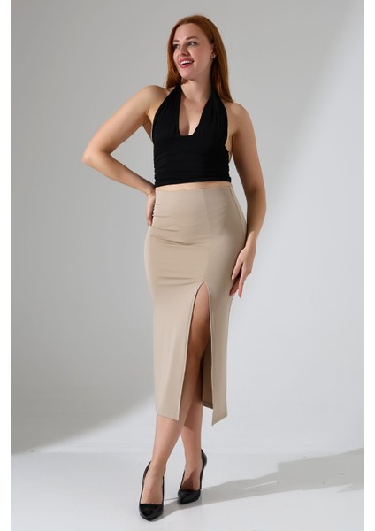 Kadın Önden Yırtmaçlı Etek Likralı Midi Boy / Women's Midi Length Skırt Wıth Front Slıt Lycra