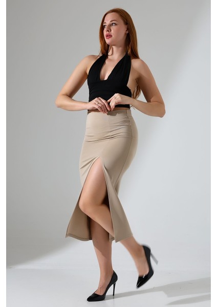 Kadın Önden Yırtmaçlı Etek Likralı Midi Boy / Women's Midi Length Skırt Wıth Front Slıt Lycra