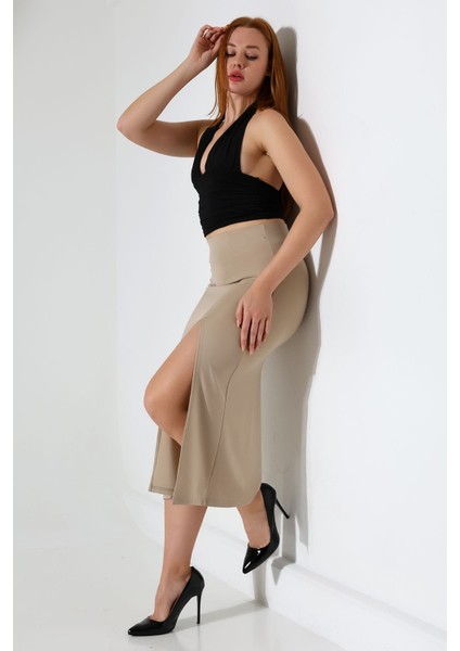 Kadın Önden Yırtmaçlı Etek Likralı Midi Boy / Women's Midi Length Skırt Wıth Front Slıt Lycra