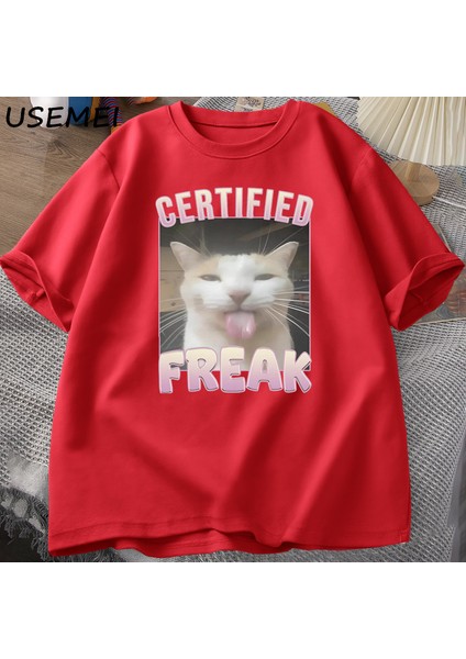 Sertifikalı Freak Komik Kedi Meme T-Shirt Adam Kısa Kollu Tişört Erkek Tshirt Erkek Giysileri