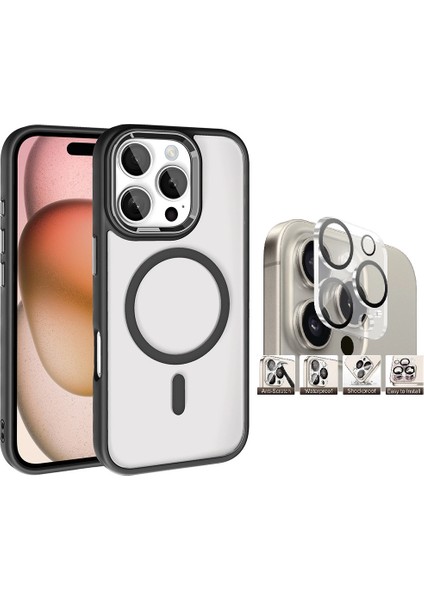 Apple iPhone 16 Pro Kılıf Wireless Şarj Özellikli Zore Krom Magsafe Silikon Kapak + Kamera Lens Koruyucu