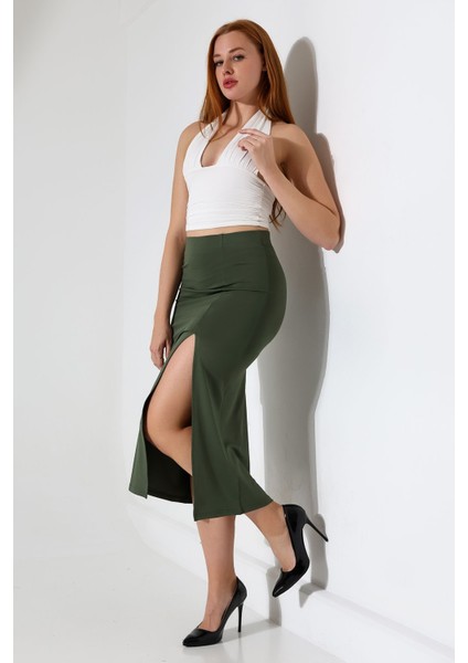 Kadın Önden Yırtmaçlı Etek Likralı Midi Boy / Women's Midi Length Skırt Wıth Front Slıt Lycra