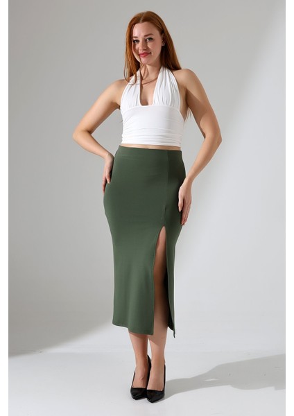 Kadın Önden Yırtmaçlı Etek Likralı Midi Boy / Women's Midi Length Skırt Wıth Front Slıt Lycra