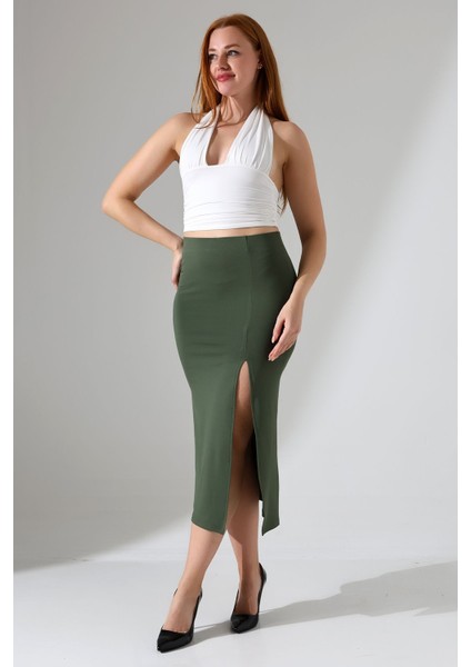 Kadın Önden Yırtmaçlı Etek Likralı Midi Boy / Women's Midi Length Skırt Wıth Front Slıt Lycra