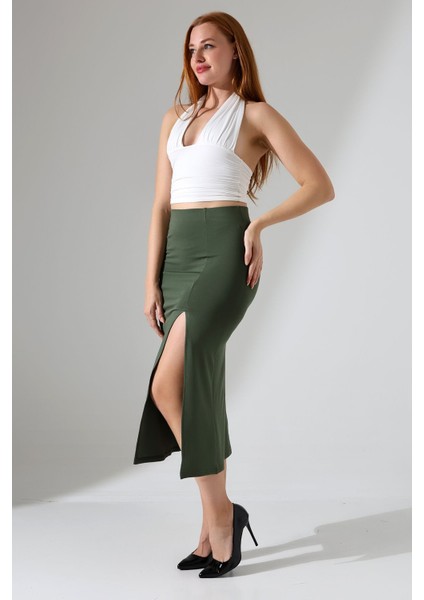 Kadın Önden Yırtmaçlı Etek Likralı Midi Boy / Women's Midi Length Skırt Wıth Front Slıt Lycra