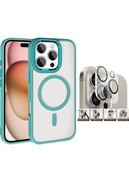 Apple iPhone 16 Pro Kılıf Wireless Şarj Özellikli Zore Krom Magsafe Silikon Kapak + Kamera Lens Koruyucu