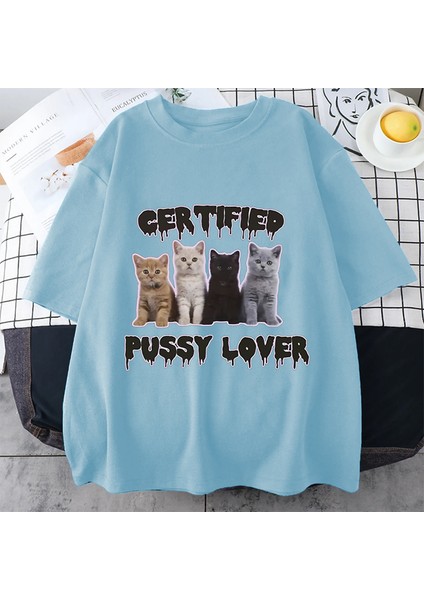 Komik Sertifikalı Kedi Sevgilisi Meme Kedi Grafik T Shirt Moda Kawaii T-Shirt Sokak Ra