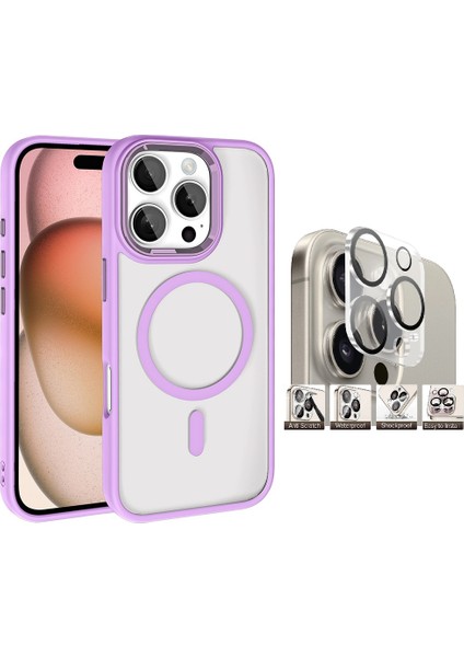 Apple iPhone 16 Pro Kılıf Wireless Şarj Özellikli Zore Krom Magsafe Silikon Kapak + Kamera Lens Koruyucu