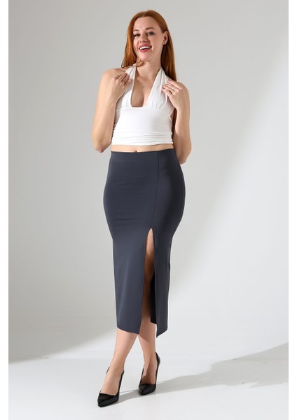 Kadın Önden Yırtmaçlı Etek Likralı Midi Boy / Women's Midi Length Skırt Wıth Front Slıt Lycra