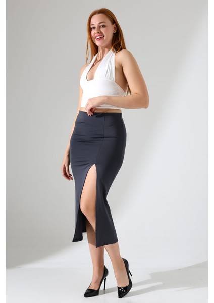 Kadın Önden Yırtmaçlı Etek Likralı Midi Boy / Women's Midi Length Skırt Wıth Front Slıt Lycra