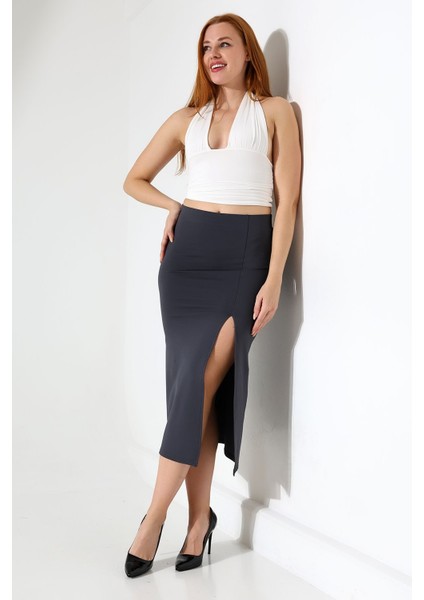 Kadın Önden Yırtmaçlı Etek Likralı Midi Boy / Women's Midi Length Skırt Wıth Front Slıt Lycra