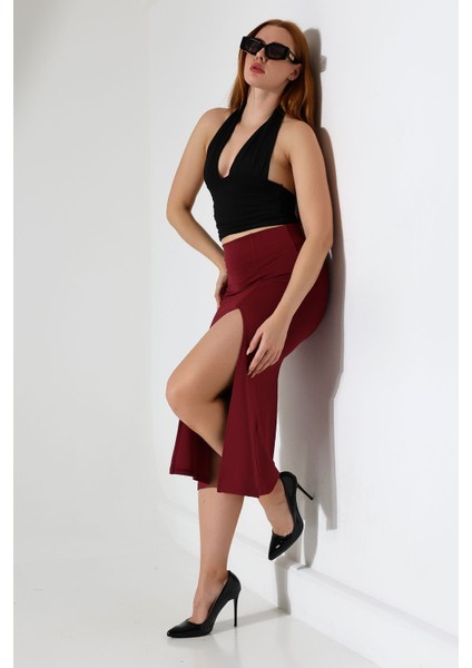 Kadın Önden Yırtmaçlı Etek Likralı Midi Boy / Women's Midi Length Skırt Wıth Front Slıt Lycra