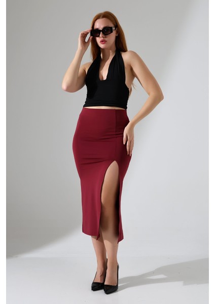 Kadın Önden Yırtmaçlı Etek Likralı Midi Boy / Women's Midi Length Skırt Wıth Front Slıt Lycra