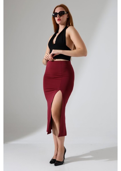 Kadın Önden Yırtmaçlı Etek Likralı Midi Boy / Women's Midi Length Skırt Wıth Front Slıt Lycra