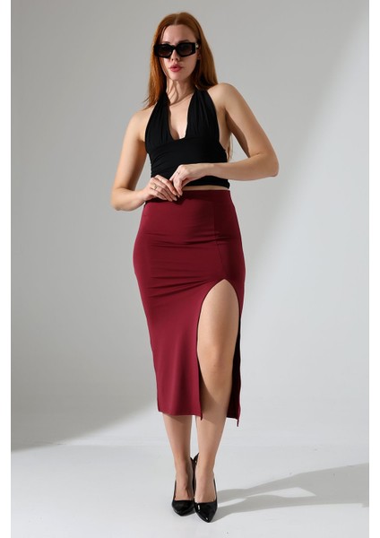 Kadın Önden Yırtmaçlı Etek Likralı Midi Boy / Women's Midi Length Skırt Wıth Front Slıt Lycra