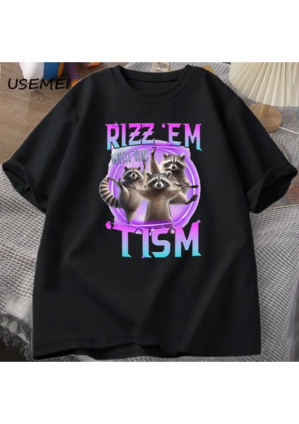 Rizz Em Tism Rakun T-Shirt Çöp Panda Komik Grafik T Shirt Erkekler Komik Pamuk Kısa Kollu Har