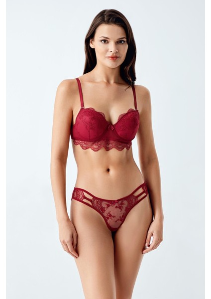 6118 Bordo Renk Dolgulu Sütyen Külot Dantelli 2li Takım