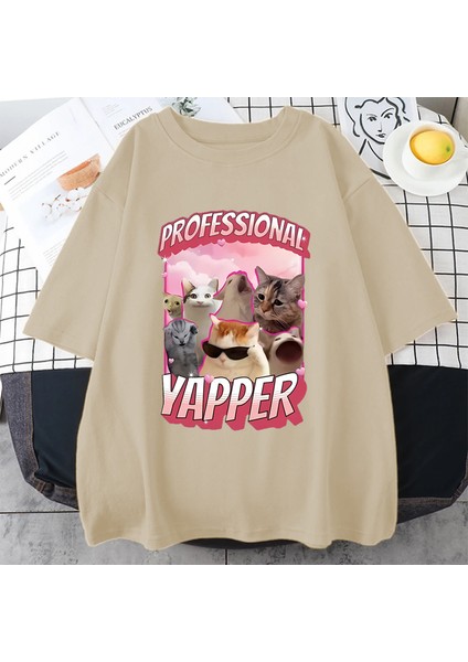Profesyonel Yapper Meme Kedi Komik Tişört Erkek Kadın Moda Bağbozumu Kısa Sleevetshirt 100% P