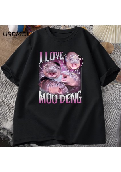Ben Aşk Moo Deng T Shirt Kadın Erkek Komik Moo Deng Fan Kulübü Hippo Sevgilisi T-Shirt Pamuk