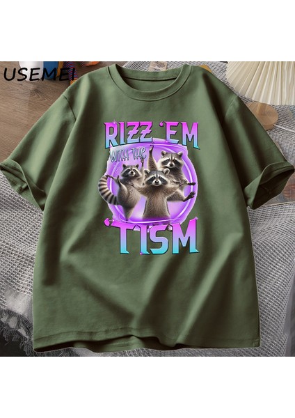 Rizz Em Tism Rakun T-Shirt Çöp Panda Komik Grafik T Shirt Erkekler Komik Pamuk Kısa Kollu Har
