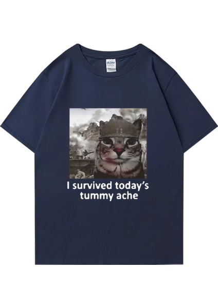 Komik Kedi Bugünden Karın Ağrısını Hayatta Kaldım T Shirt Yeni Erkek Pamuklu Tişört Kısa Koll