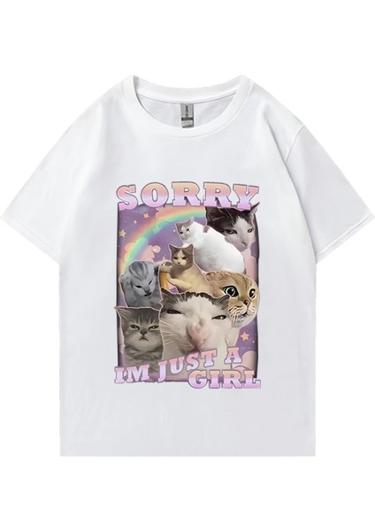 Ben Sadece Bir Kız Komik Kedi Meme Baskı T-Shirt Erkek Kadın Vintage % Pamuk Büyük Boy T