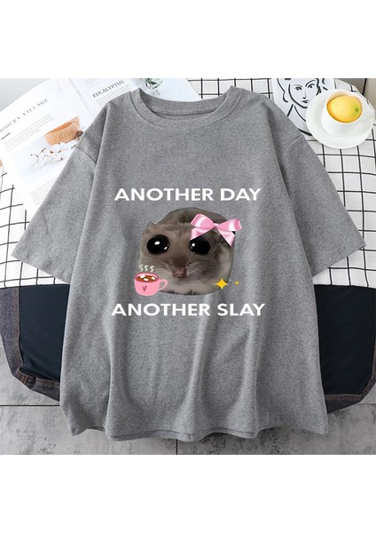 Üzgün Hamster Başka Bir Gün Slay Komik Grafict-Pamuk Kawaii Tshirt Erkekler Kadın Bask
