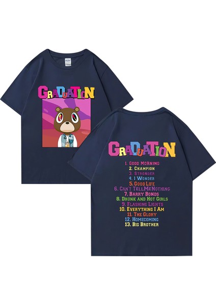 Sıcak Kanye West Mezuniyet Grafik T Shirt Erkek Kadın Moda Klasik Üstleri Büyük Boy Tee Kısa