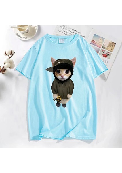 Tonka T Shirt ile Yeat Kitty Erkekler Komik Sevimli Kedi Grafik Tee % Baskılı Tişört Pamuk Te