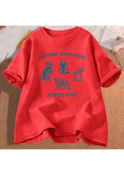 Yerel Sokak Kediler Destek Erkek T-Shirtü Rahat Pamuk Kısa Kollu Tshirt Erkek Boy Grafik Tees