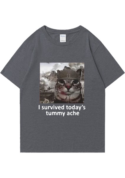 Komik Kedi Bugünden Karın Ağrısını Hayatta Kaldım T Shirt Yeni Erkek Pamuklu Tişört Kısa Koll