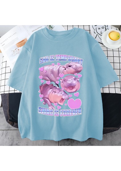 Moo Deng Tutun Ben Aşırı Uyarılmış Komik Meme T Shirt Bebek Hippo Vintage Erkek Kadın T-Shirt