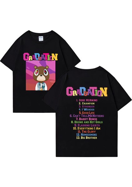 Sıcak Kanye West Mezuniyet Grafik T Shirt Erkek Kadın Moda Klasik Üstleri Büyük Boy Tee Kısa