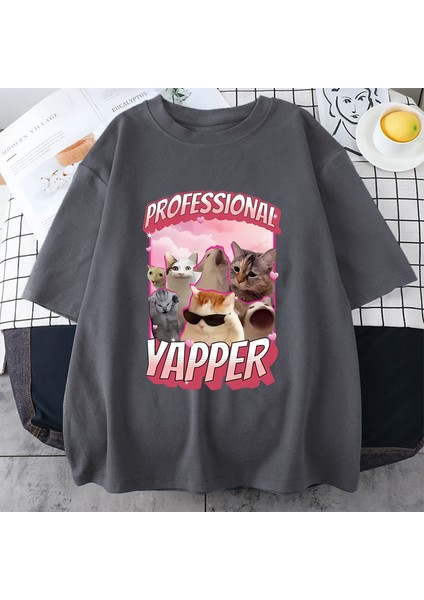 Profesyonel Yapper Meme Kedi Komik Tişört Erkek Kadın Moda Bağbozumu Kısa Sleevetshirt 100% P