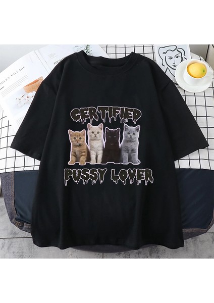 Komik Sertifikalı Kedi Sevgilisi Meme Kedi Grafik T Shirt Moda Kawaii T-Shirt Sokak Ra