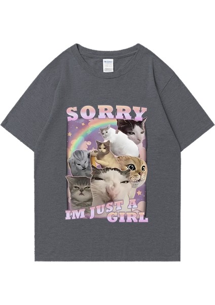 Ben Sadece Bir Kız Komik Kedi Meme Baskı T-Shirt Erkek Kadın Vintage % Pamuk Büyük Boy T
