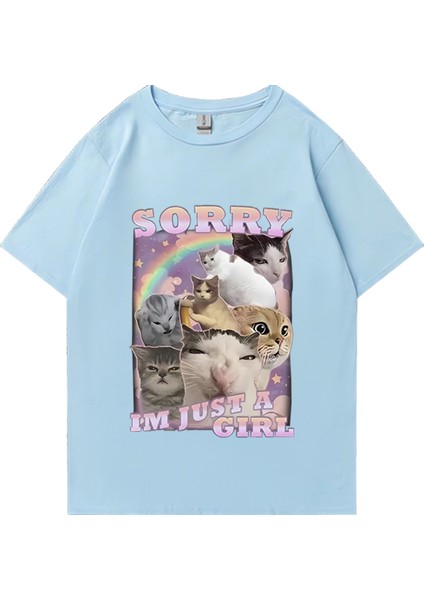 Ben Sadece Bir Kız Komik Kedi Meme Baskı T-Shirt Erkek Kadın Vintage % Pamuk Büyük Boy T